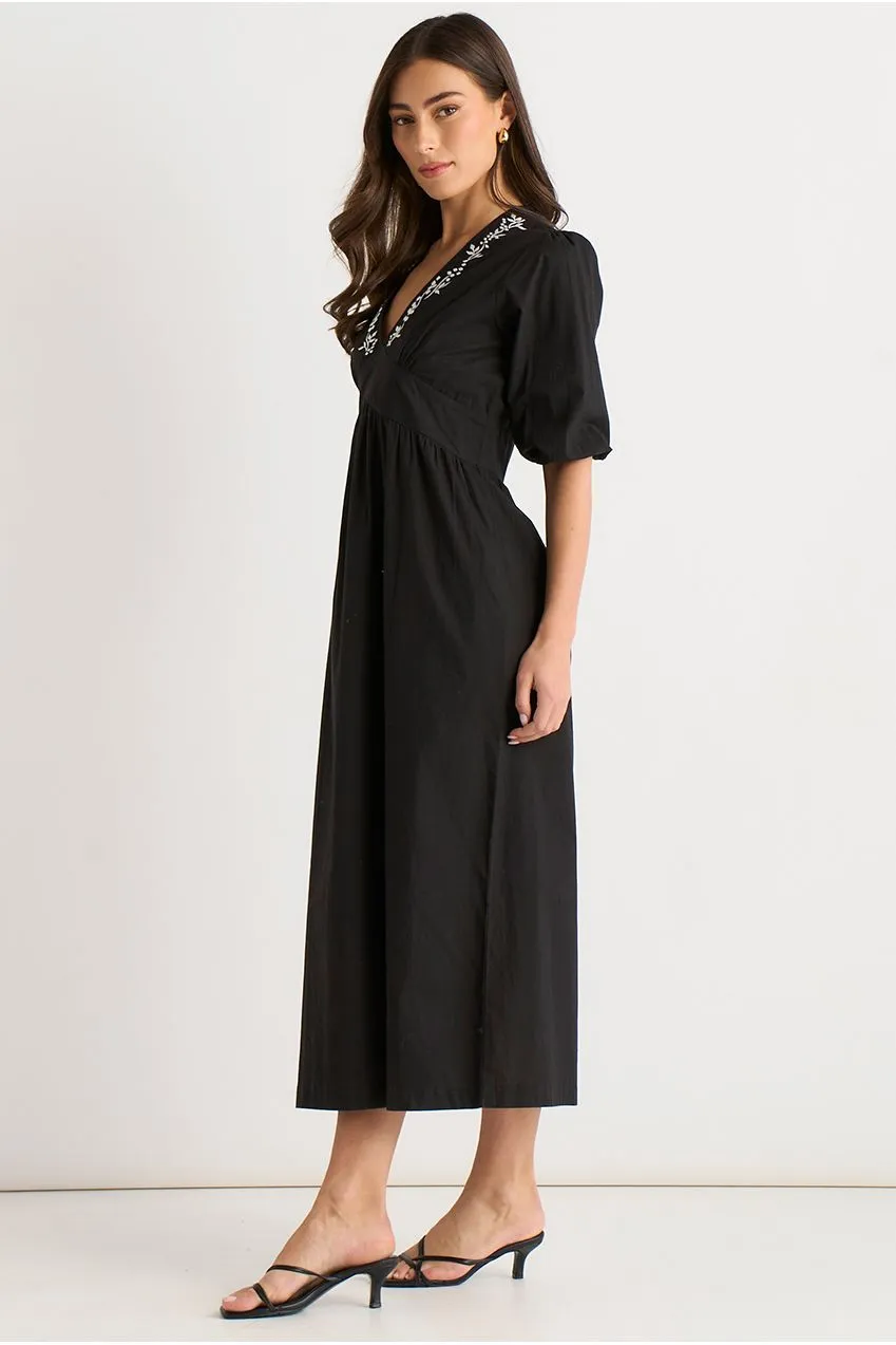 Gini London abito midi cotone ricamato nero maniche a sbuffo