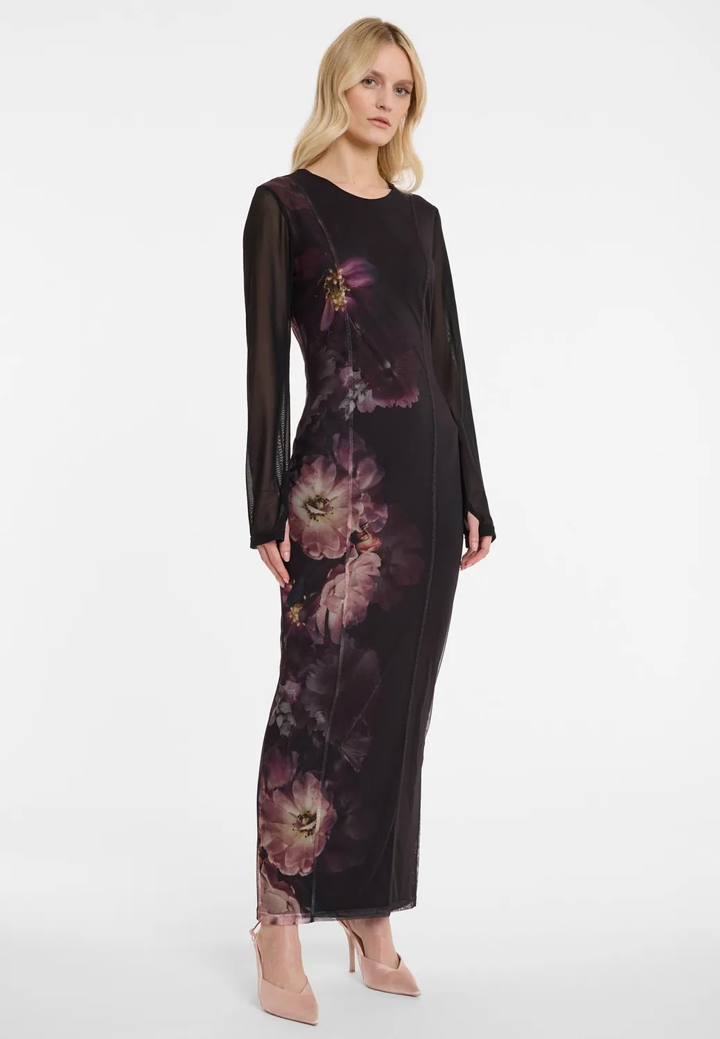 Ana Alcazar Azori abito maxi rete nero fantasia floreale