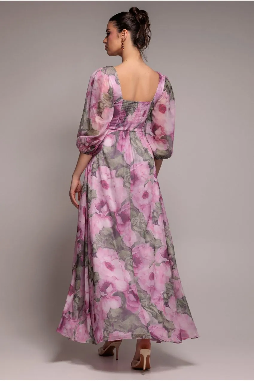 Goddiva abito chiffon rosa cipria floreale spacco