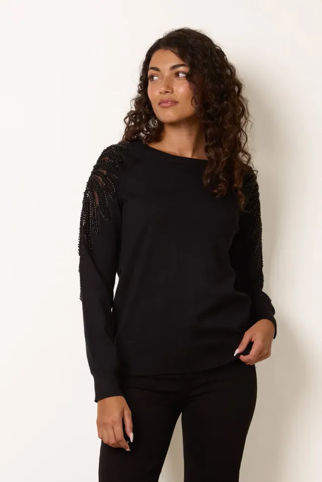 Blue Vanilla Embellished Sleeve maglione nero paillettes S