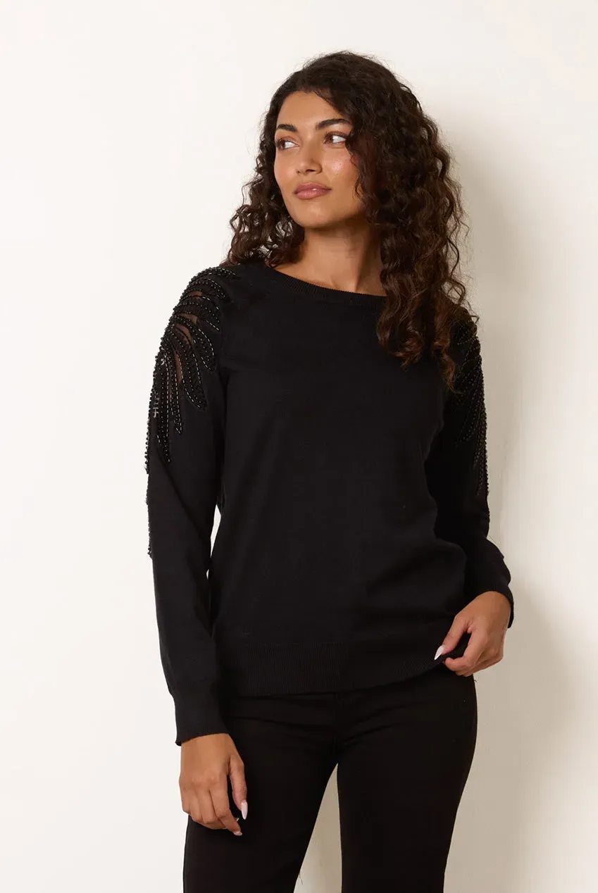 Blue Vanilla Embellished Sleeve maglione nero paillettes S