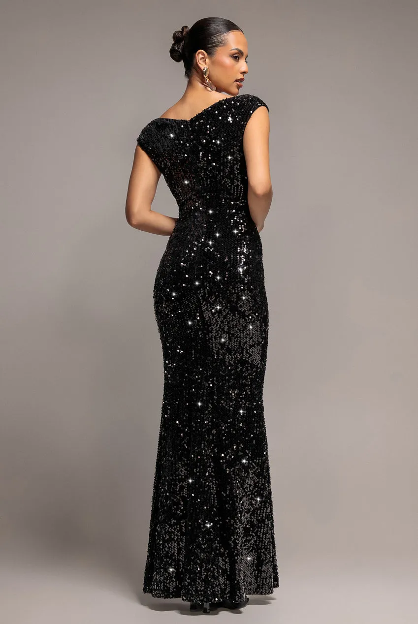 Goddiva DR3512 abito maxi nero 12 paillettes velluto