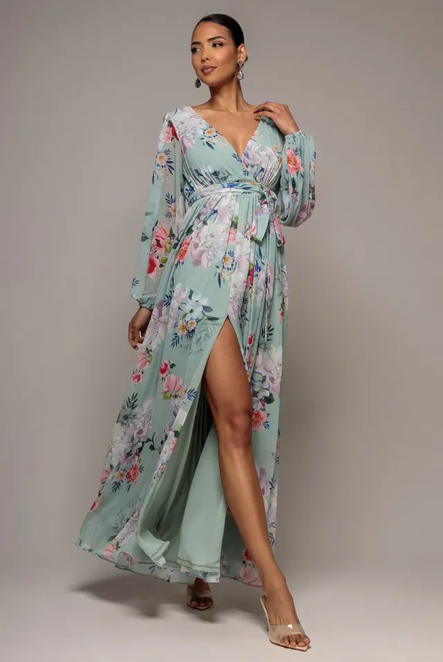Goddiva Wrap Front abito lungo verde salvia floreale