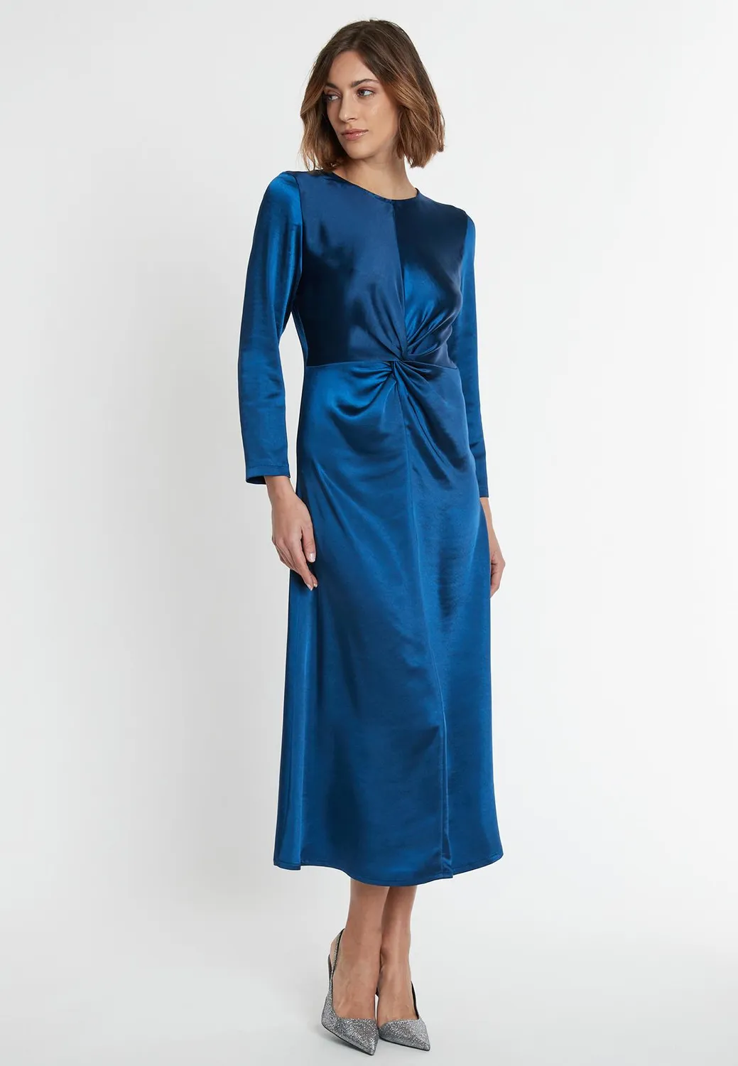 Ana Alcazar Sibea abito midi blu in raso con nodo