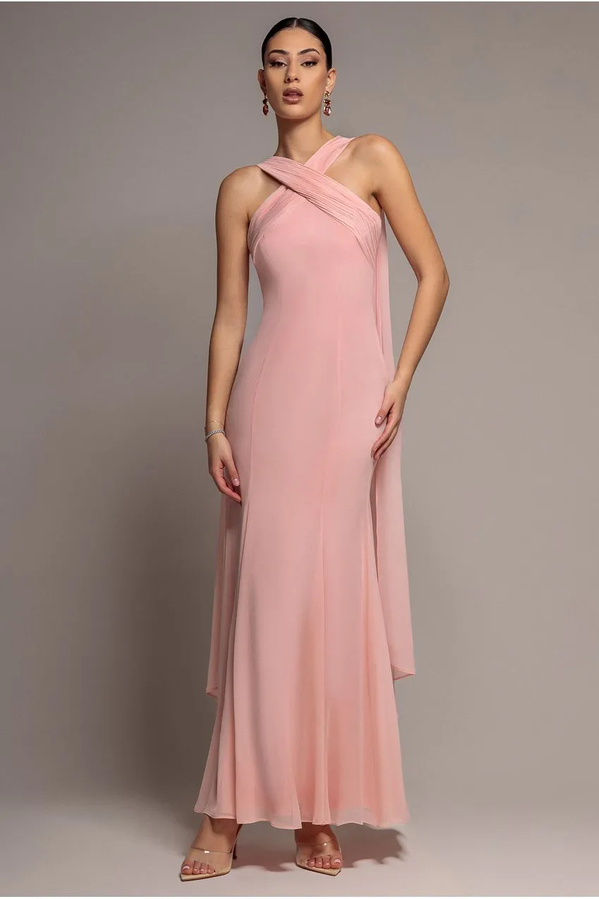 Goddiva Cross Front Scarf Back abito sirena chiffon blush