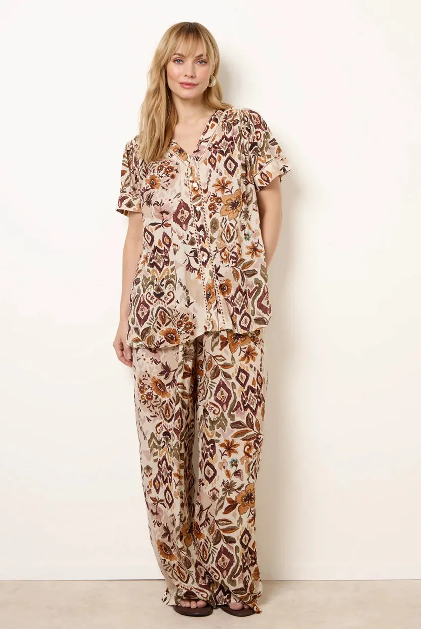 Blue Vanilla Paisley V Neck camicia marrone