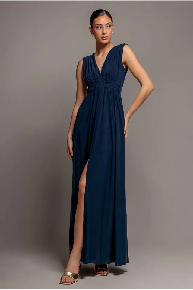 Goddiva abito maxi navy scollo incrocio vita drappeggiata