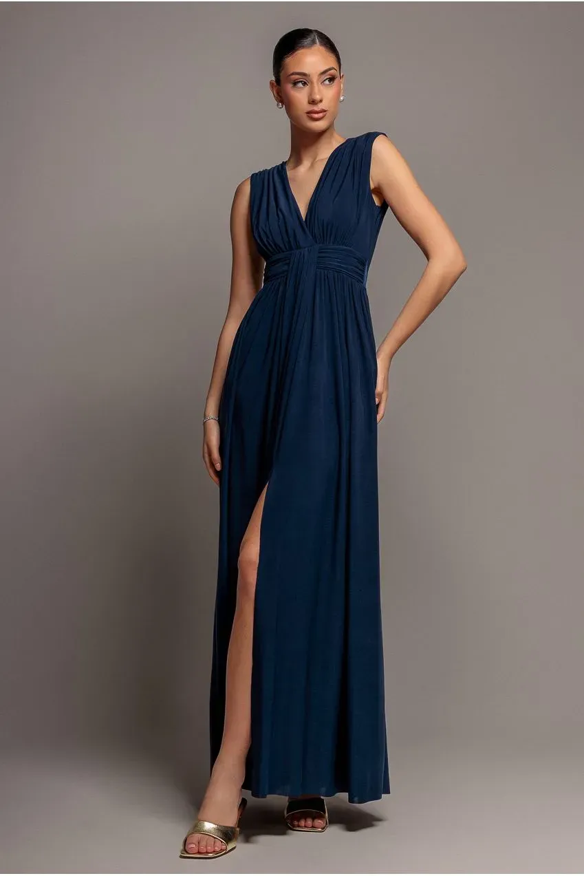 Goddiva abito maxi navy scollo incrocio vita drappeggiata