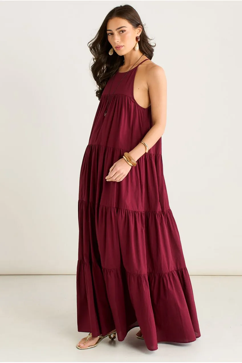 Gini London Tiered Halter abito maxi mora balze