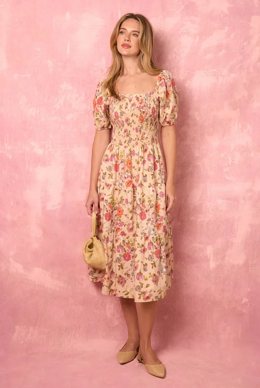 Blue Vanilla Milkmaid Floral Puff Sleeve abito midi multi cotone