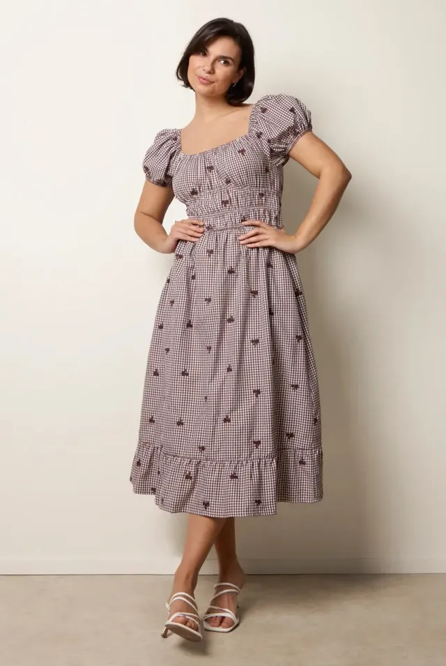 Blue Vanilla Gingham Milkmaid abito midi marrone quadri
