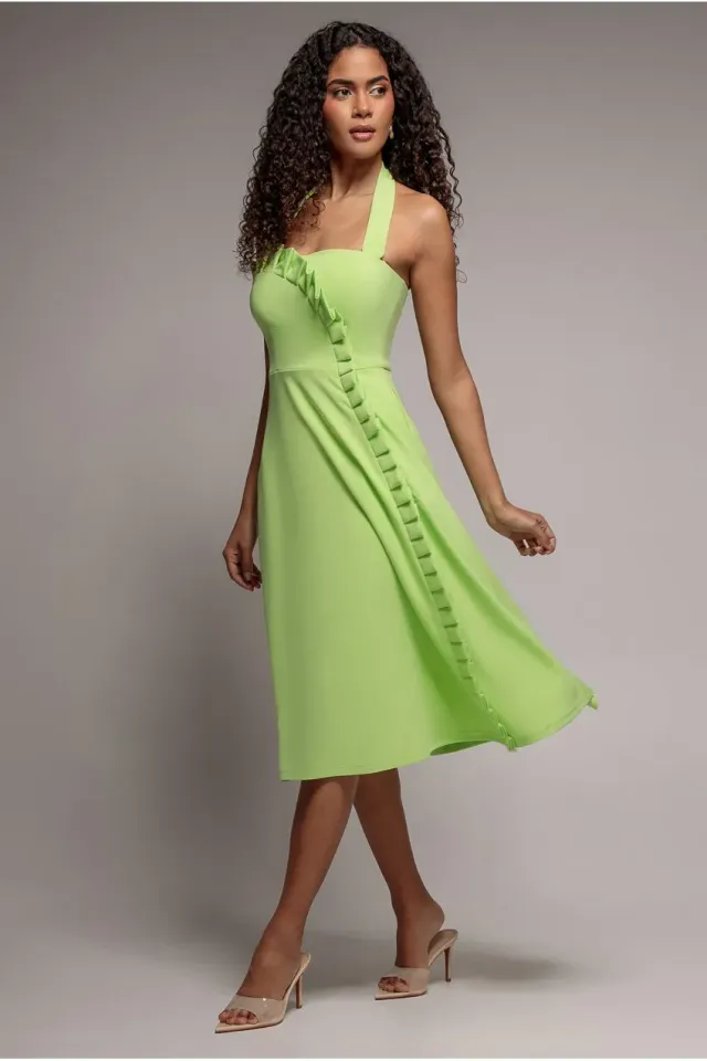 Goddiva Frilled Halter Neck abito midi lime schiena aperta