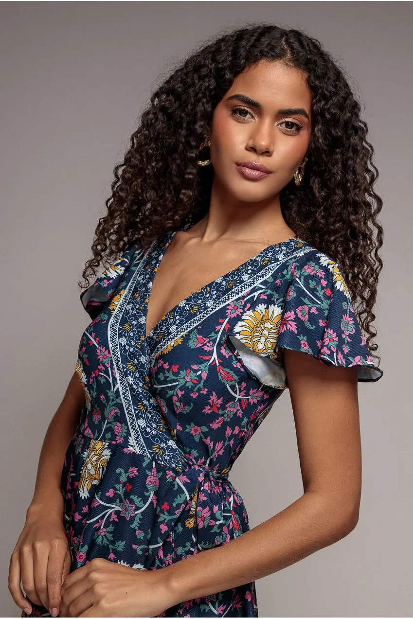 Goddiva Floral Print Wrap Flutter Abito Midi Blu Navy Floreale