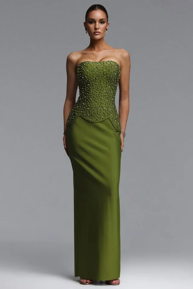 Goddiva Bella Barnett Yette set top gonna verde perline maxi