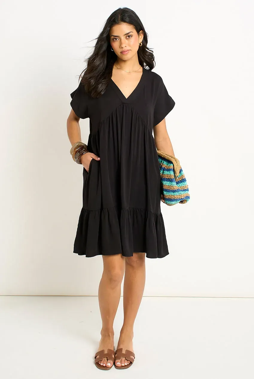 Gini London abito mini smock nero scollo V balze