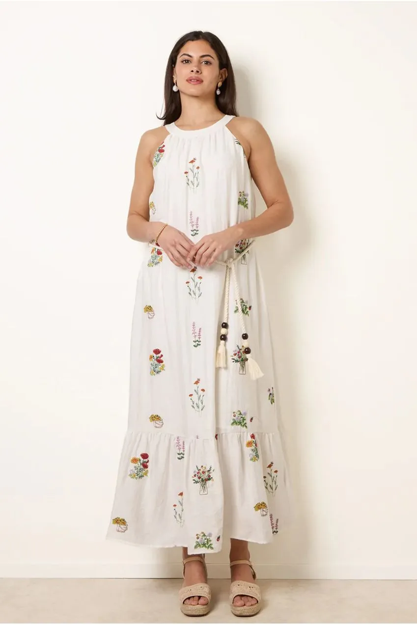 Blue Vanilla Halter Neck abito maxi stone ricamato cotone