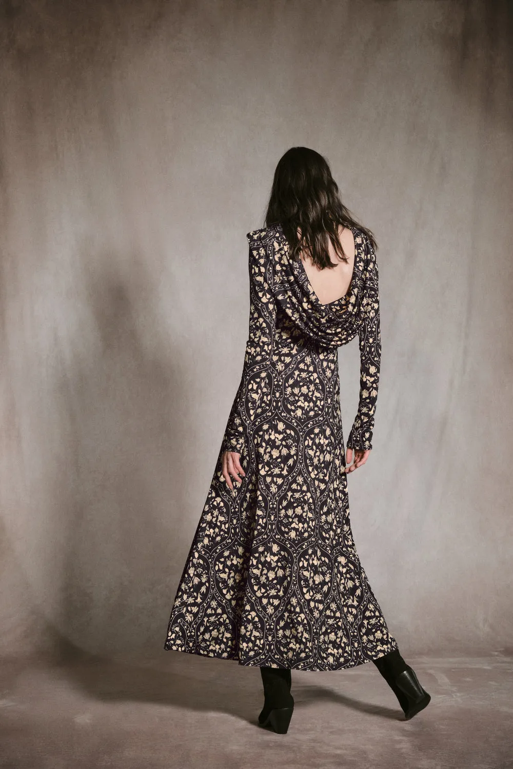 Johanna Ortiz Alma Playful Grace abito midi nero ecru jersey
