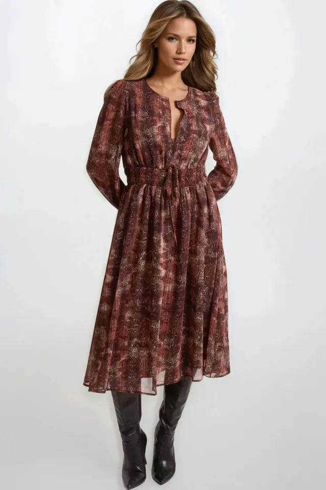Aftershock Snake Print abito midi marrone maniche lunghe