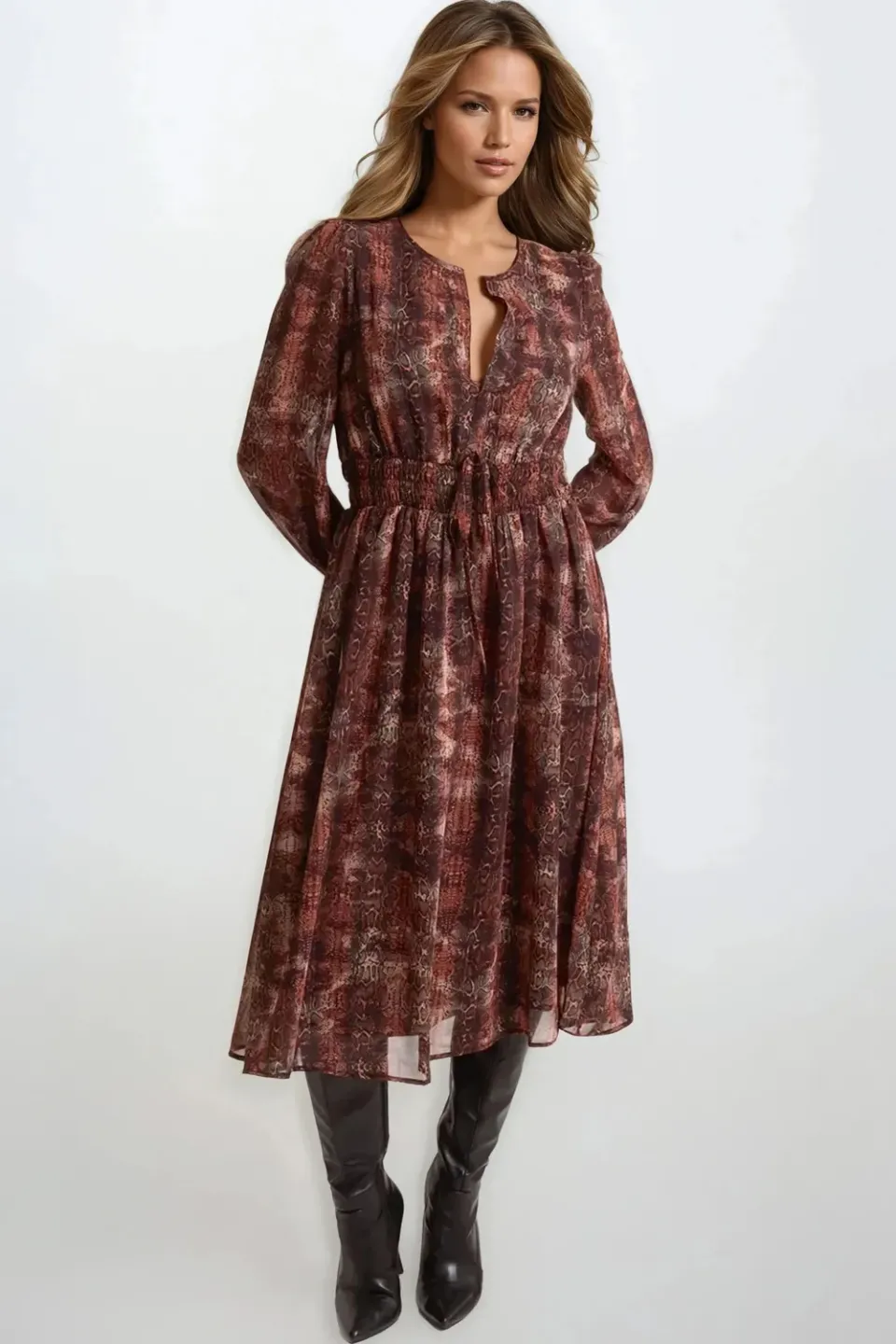 Aftershock Snake Print abito midi marrone maniche lunghe