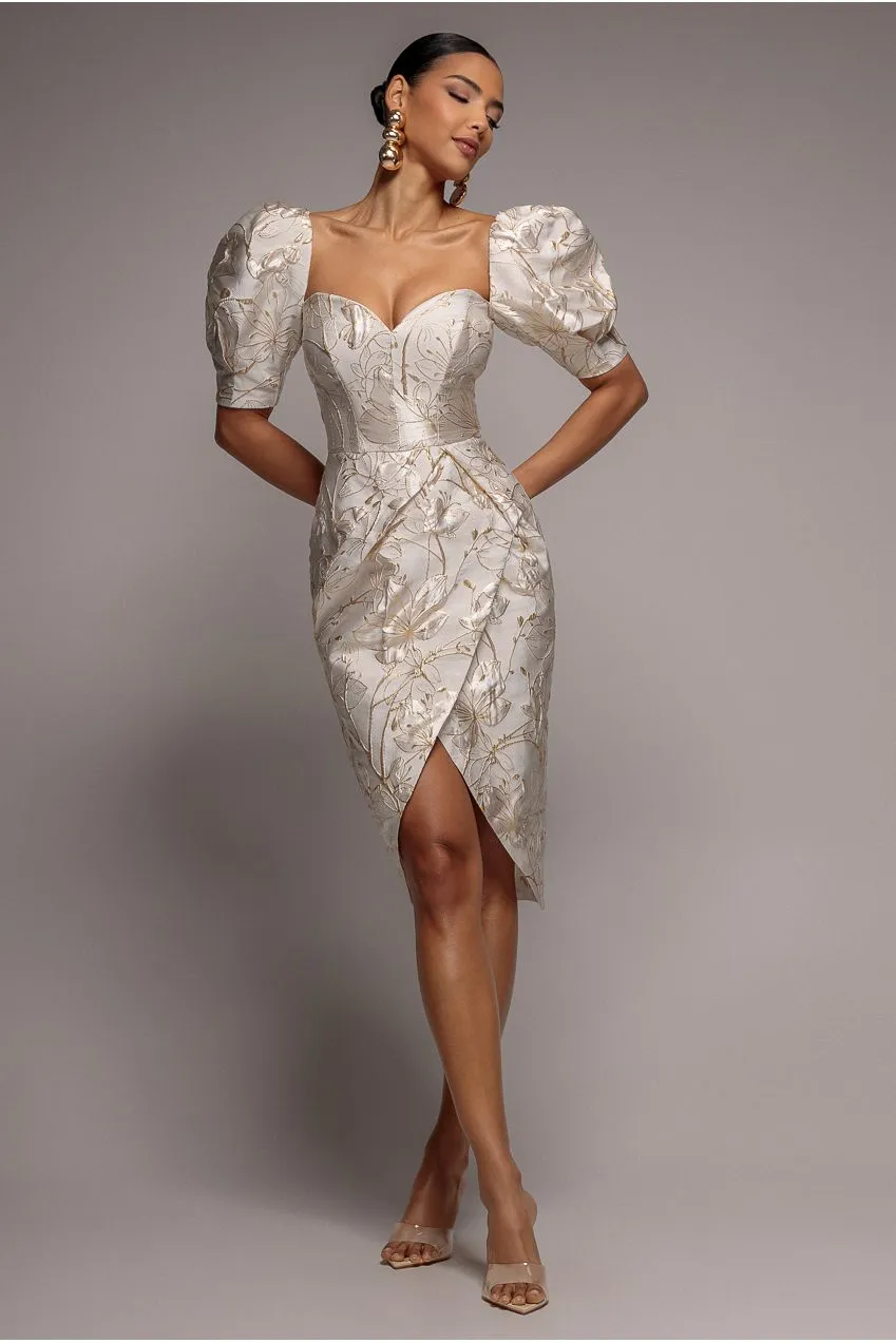 Goddiva Puff Sleeve Sweetheart DR4758 abito midi crema jacquard