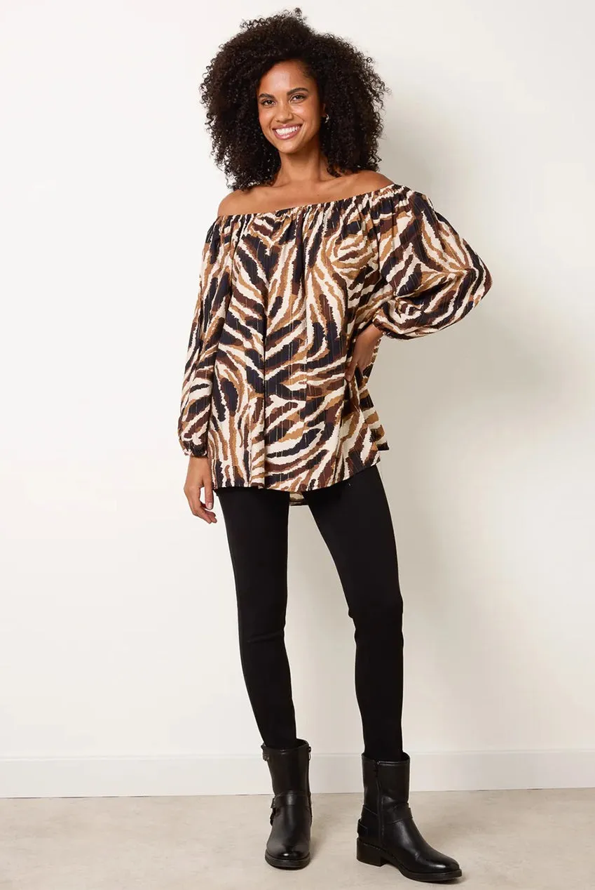 Blue Vanilla blusa tigrata marrone scollo bardot