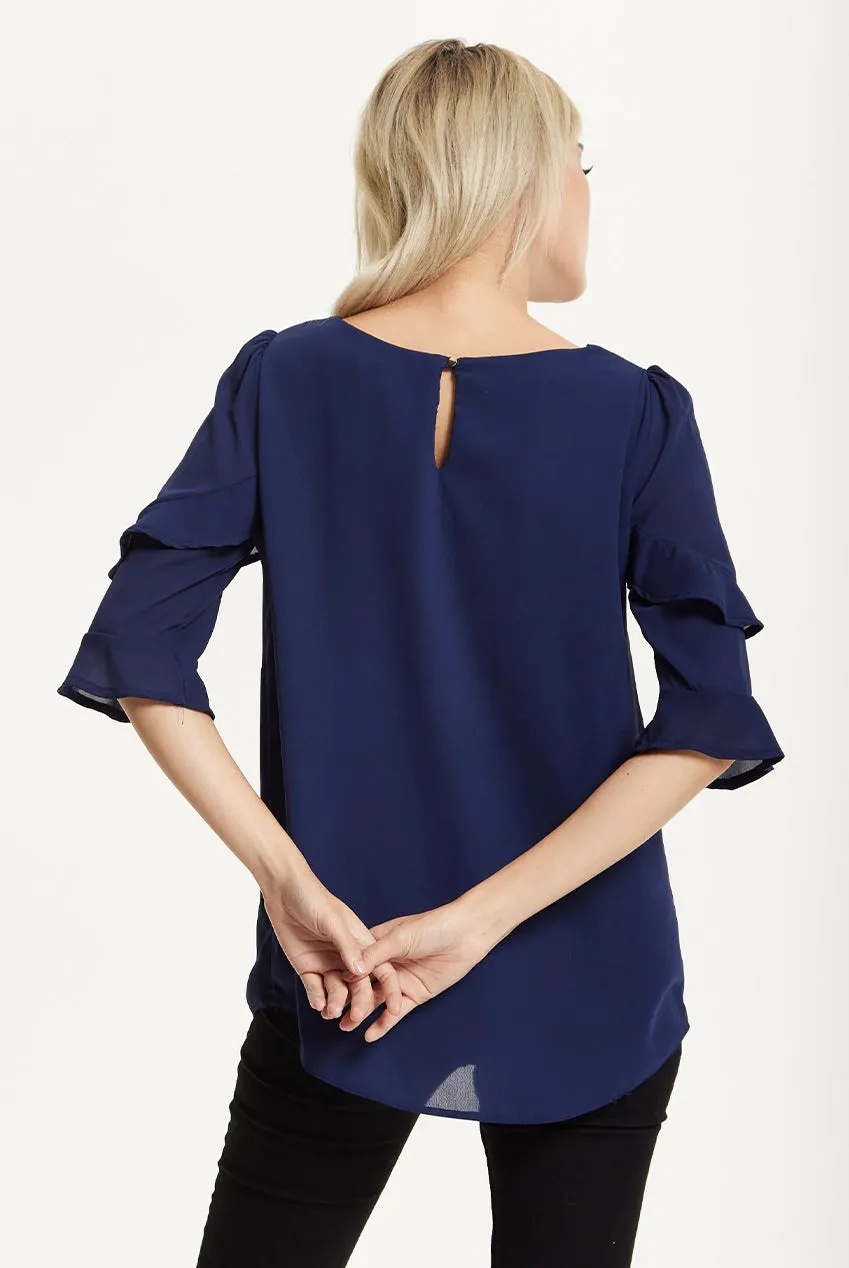 Liquorish Camicetta Navy Maniche Volant Elegante