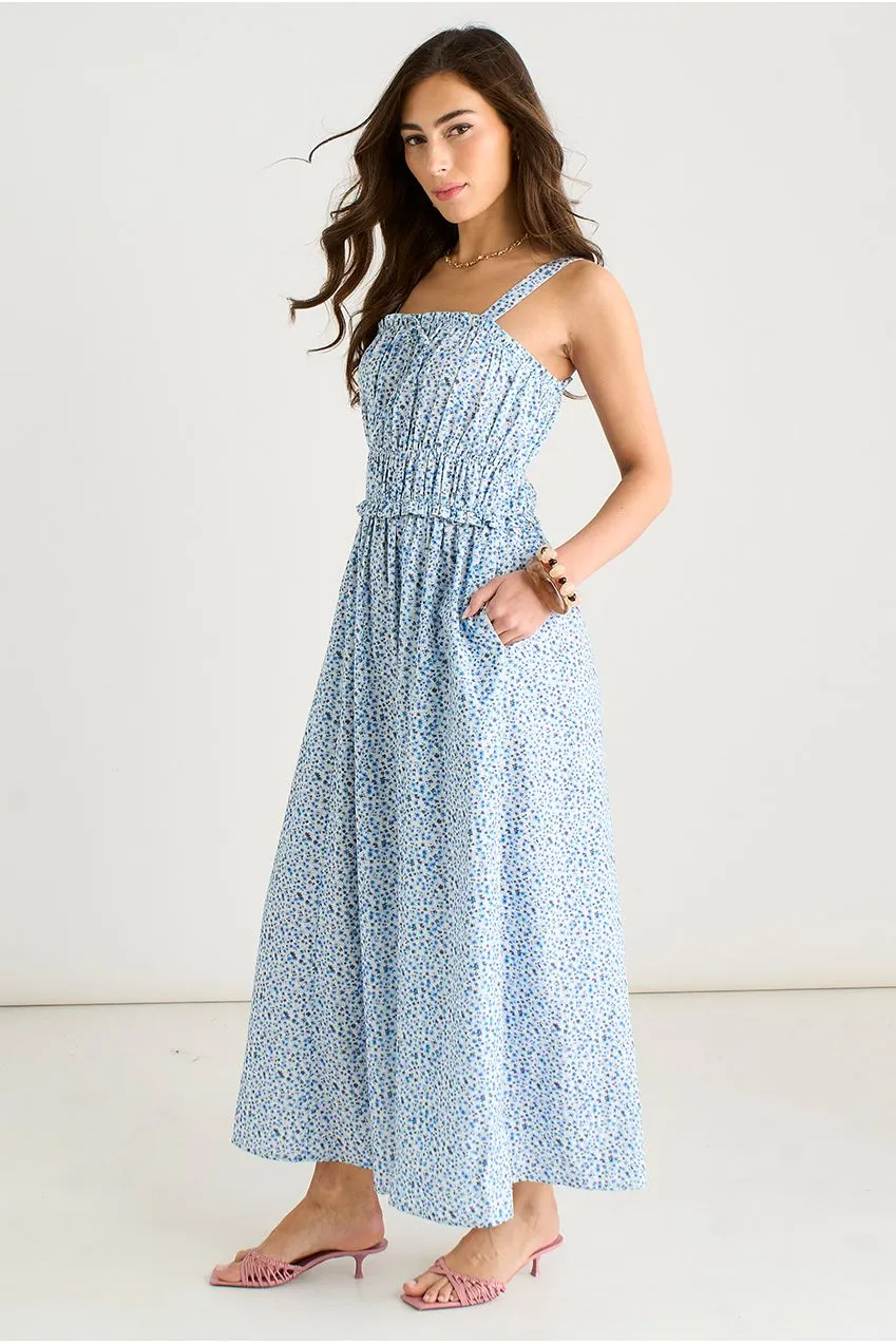 Gini London Ditsy Floral midi abito azzurro fiori smock