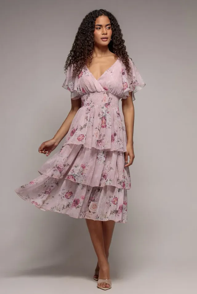 Goddiva Layered Floral Midi With Flutter Sleeves abito blush floreale