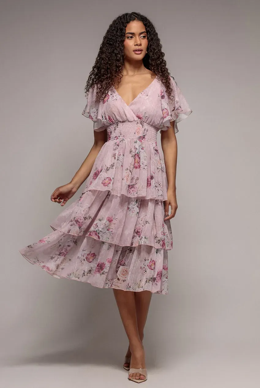 Goddiva Layered Floral Midi With Flutter Sleeves abito blush floreale