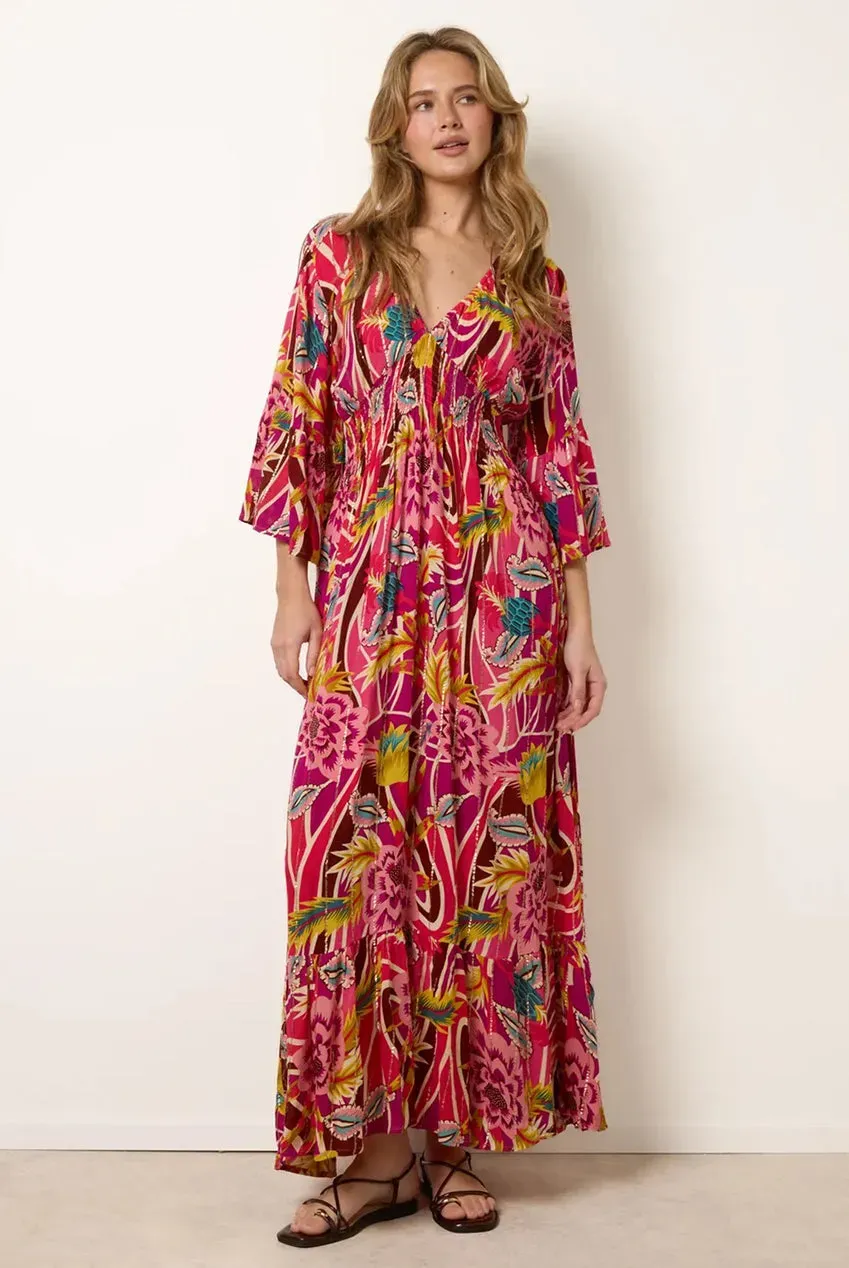 Blue Vanilla Tropical abito maxi rosa viscosa scollo V