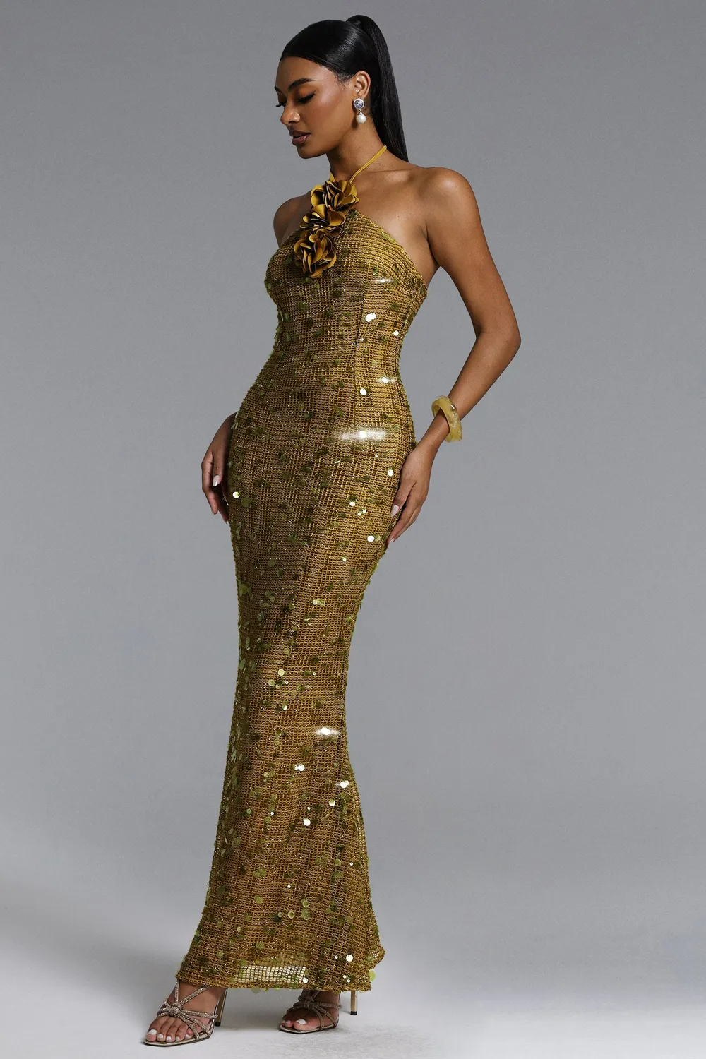 Bella Barnett Liza abito maxi verde paillettes floreali