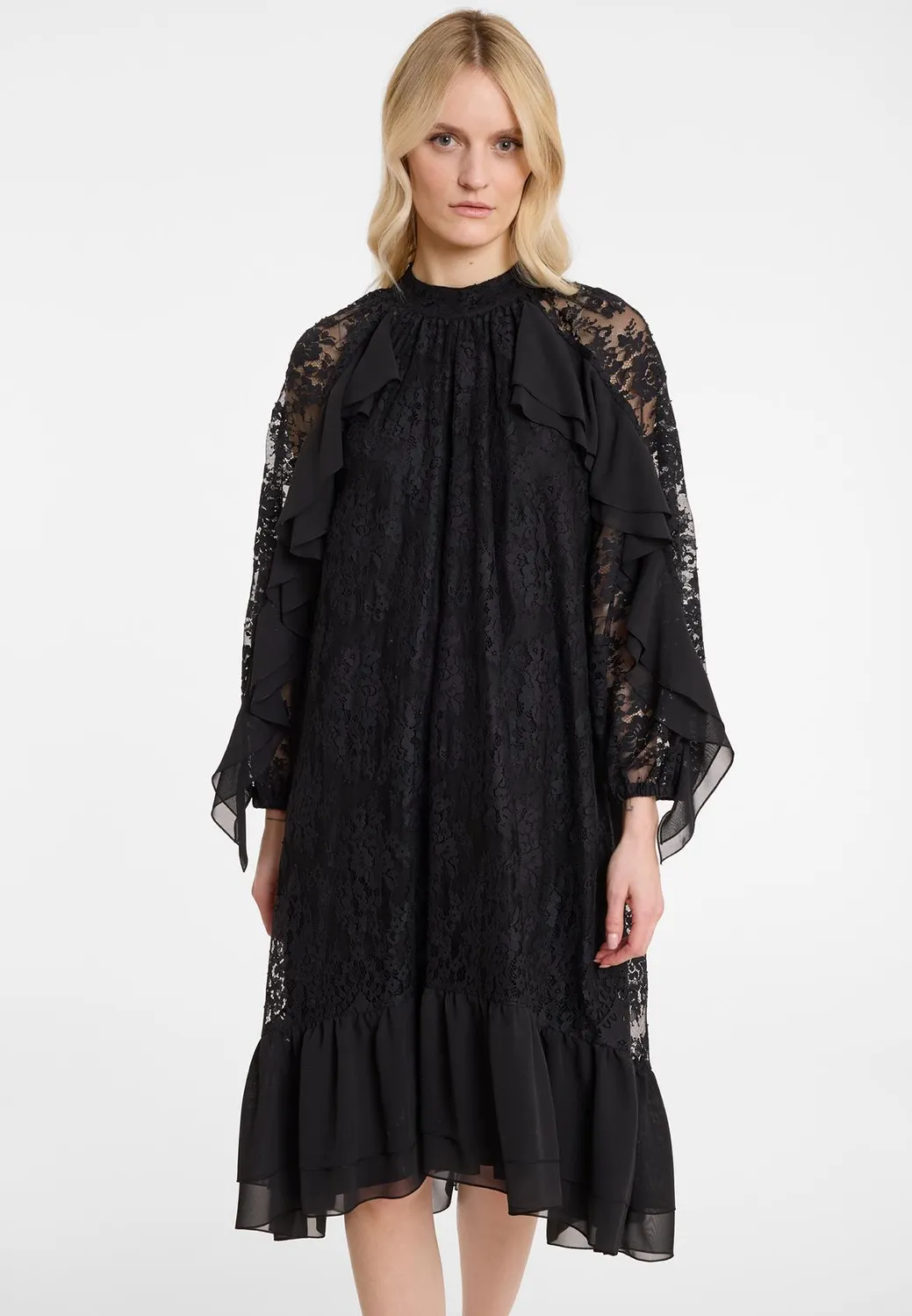 Ana Alcazar Abidy abito pizzo nero midi volant