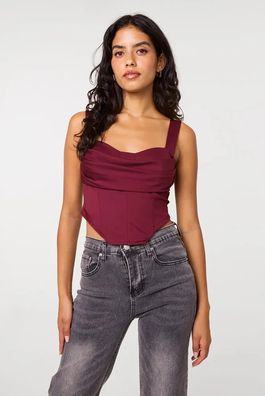 Pink Vanilla Corset Top Bordeaux Cowl Senza Maniche