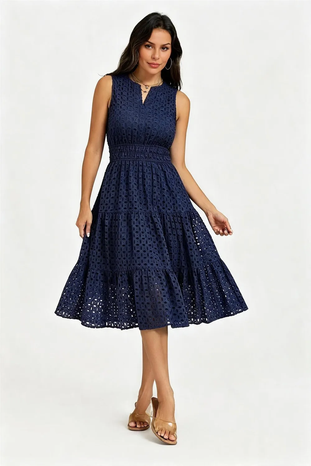 FS Collection Broderie Anglaise Abito Midi Blu Cotone