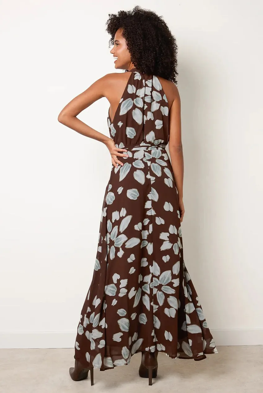 Blue Vanilla High Neck abito maxi cioccolato cintura