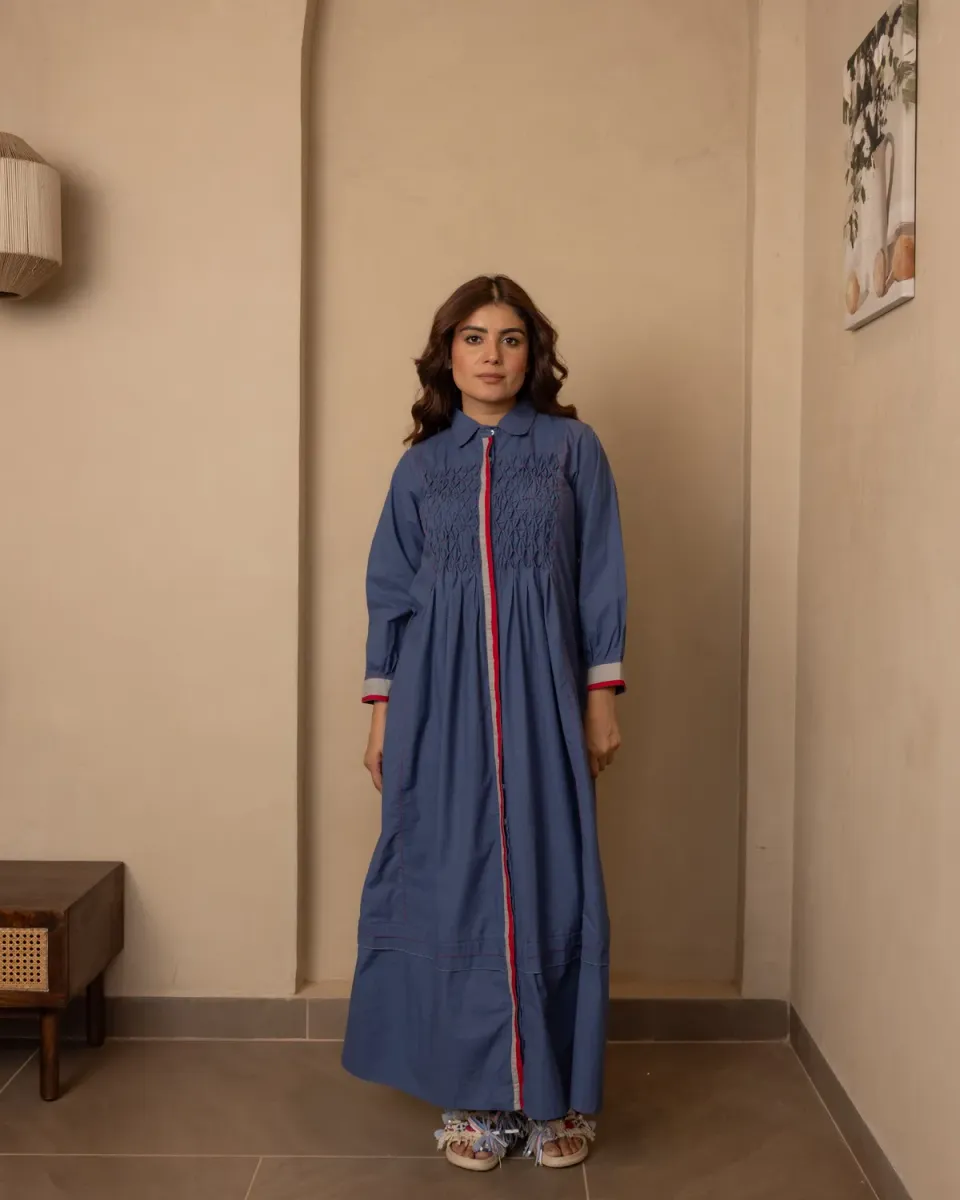 Our Dve Sage Dress abito lungo blu nautico popeline
