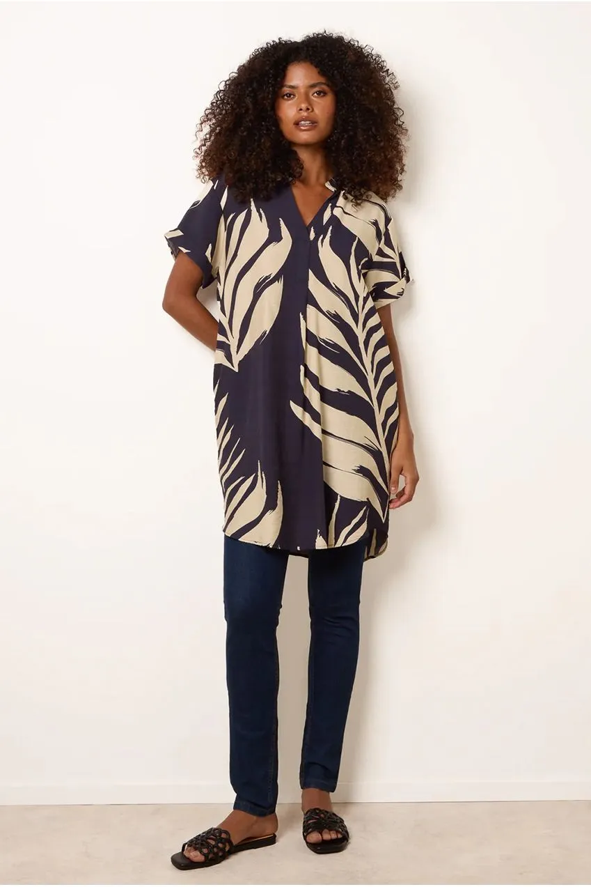 Blue Vanilla Palm Print Tunica Blu Navy Maniche Corte viscosa