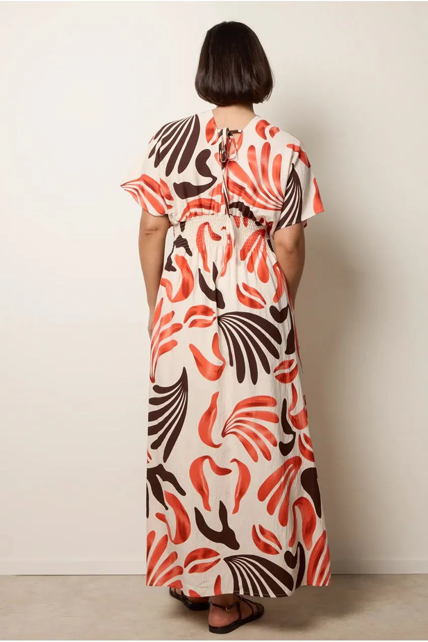 Blue Vanilla V Neck Abstract Leaf abito maxi arancione foglie