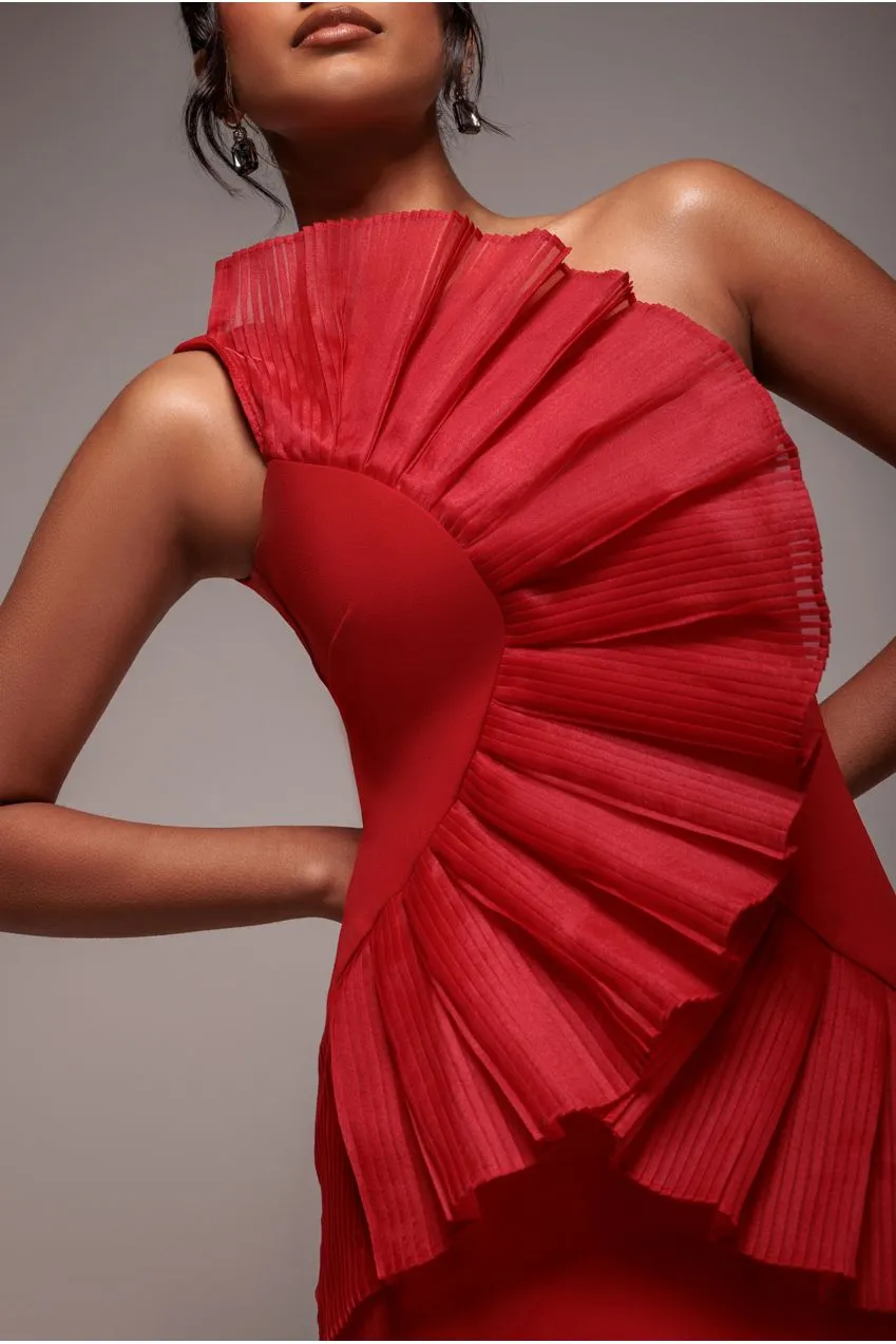 Goddiva Fan One Shoulder abito midi rosso plissettato
