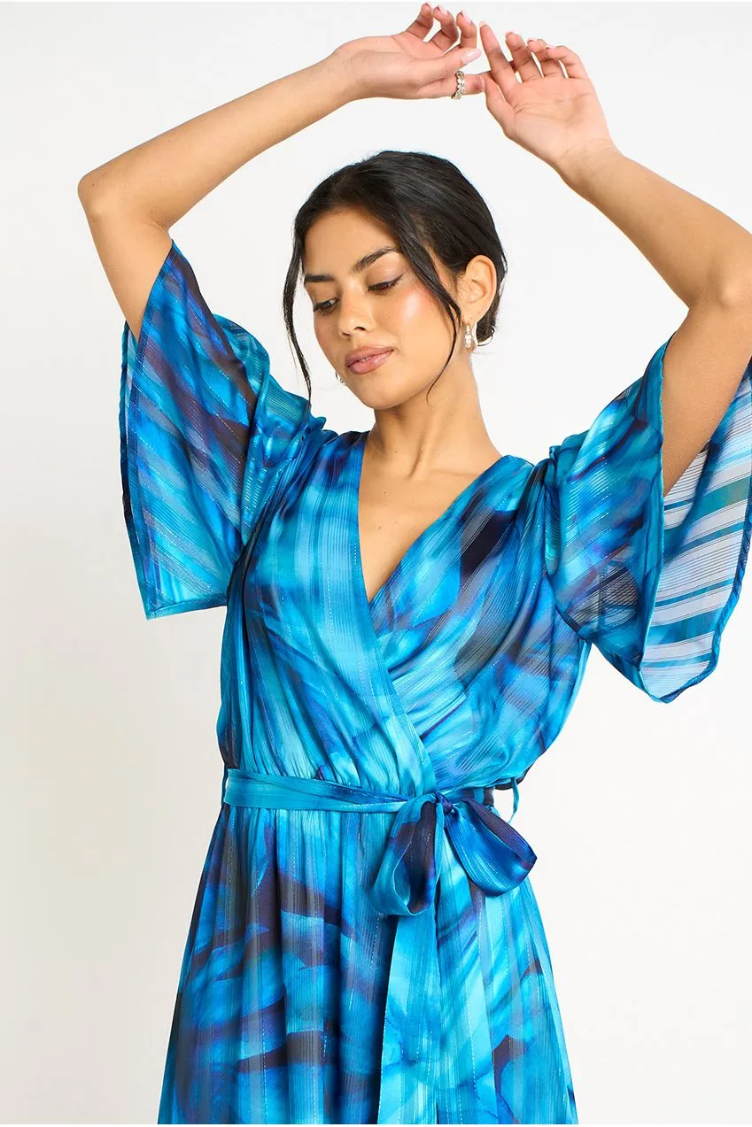 Gini London abito midi blu tie dye incrocio