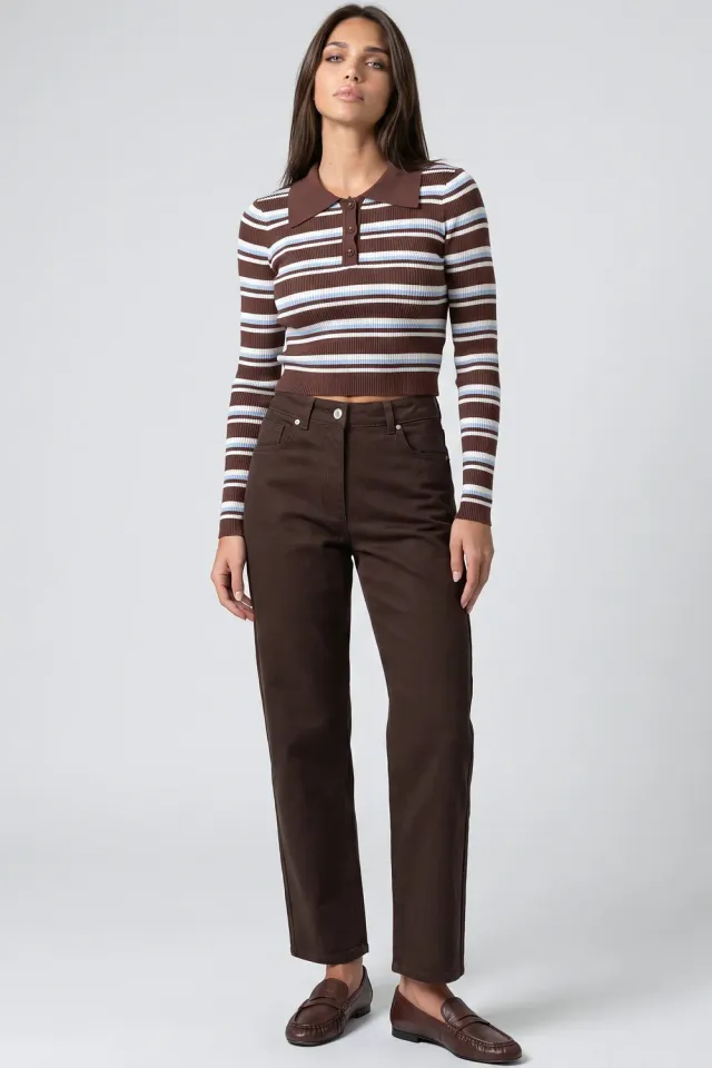 Aftershock Brown Blue Maglione Rigato Marrone Collo Bottoni