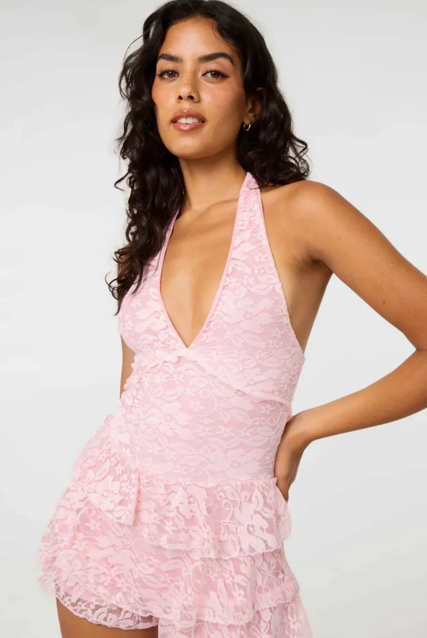 Pink Vanilla Lace Halter playsuit rosa pizzo balze