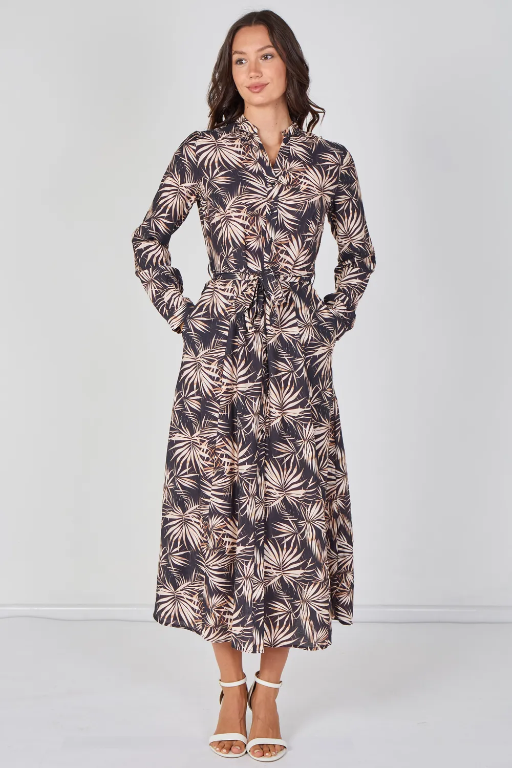 Love Sunshine abito camicia maxi nero palme cintura