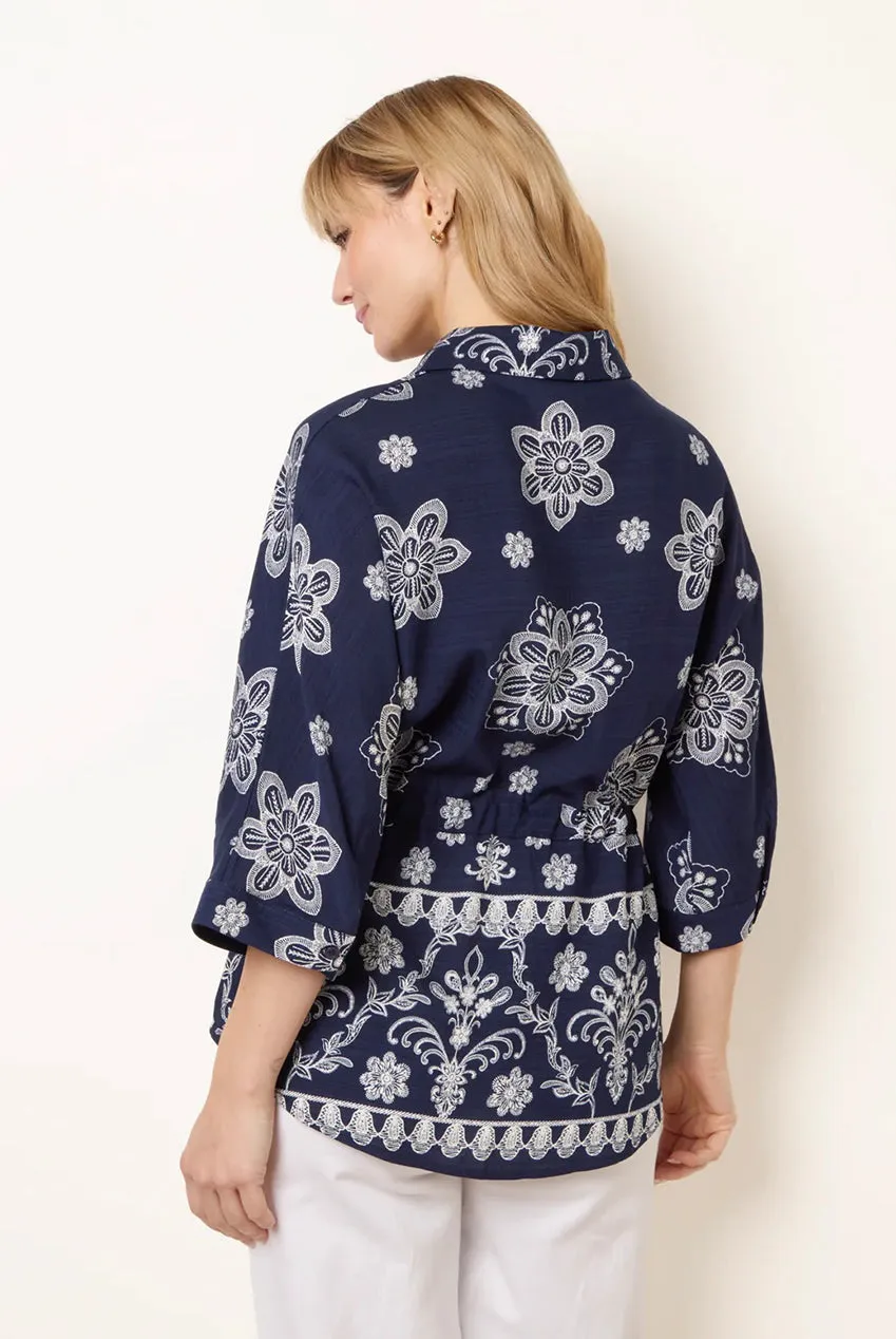 Blue Vanilla Floral 3/4 Sleeve Tie Waist Shirt camicia blu navy