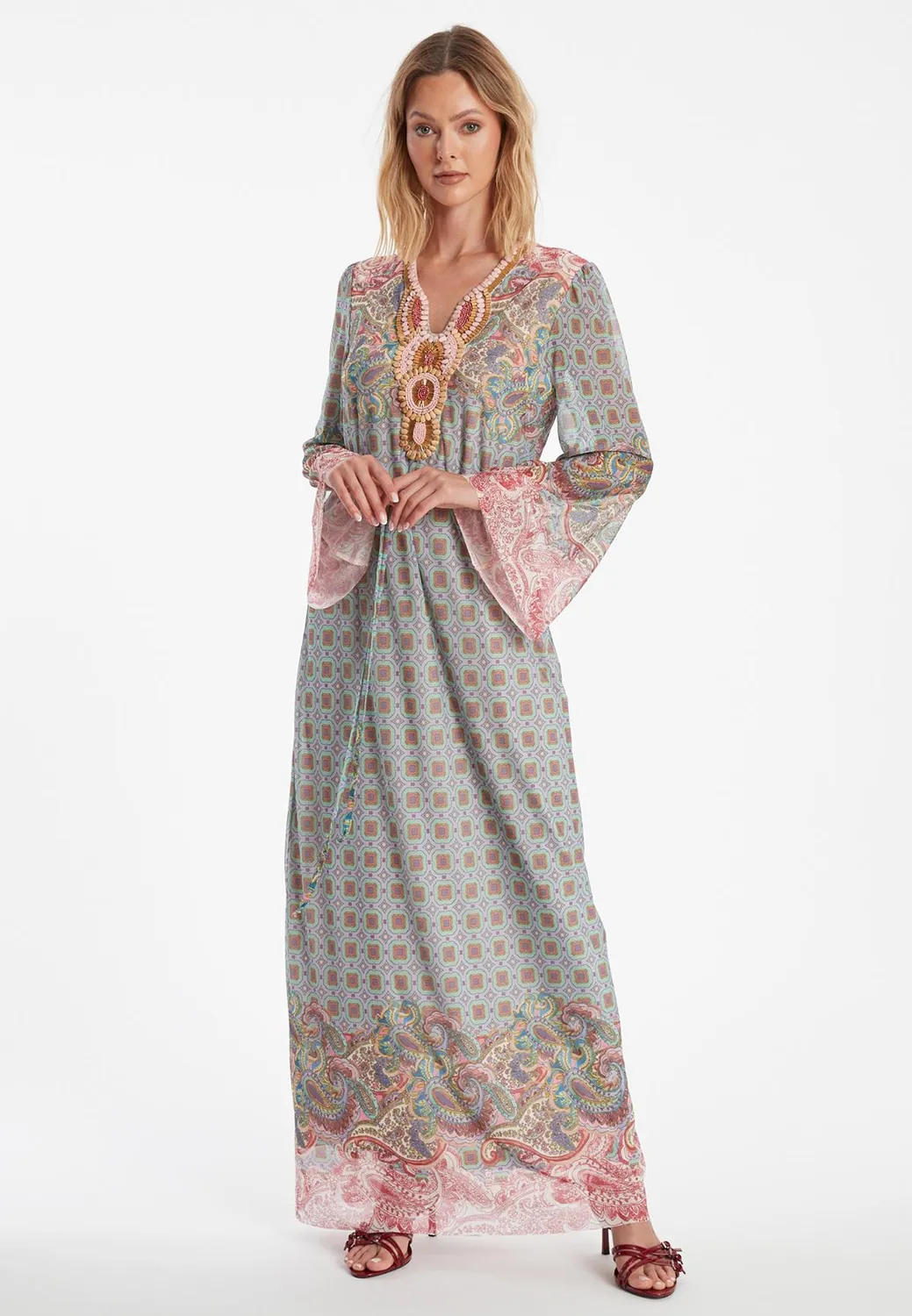 Ana Alcazar Zikosa abito caftano maxi grigio rosa