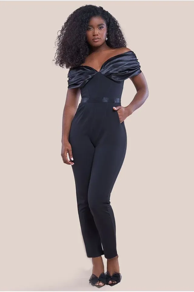 Goddiva Corset Bardot tuta nera scuba raso