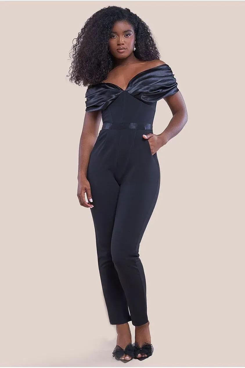 Goddiva Corset Bardot tuta nera scuba raso
