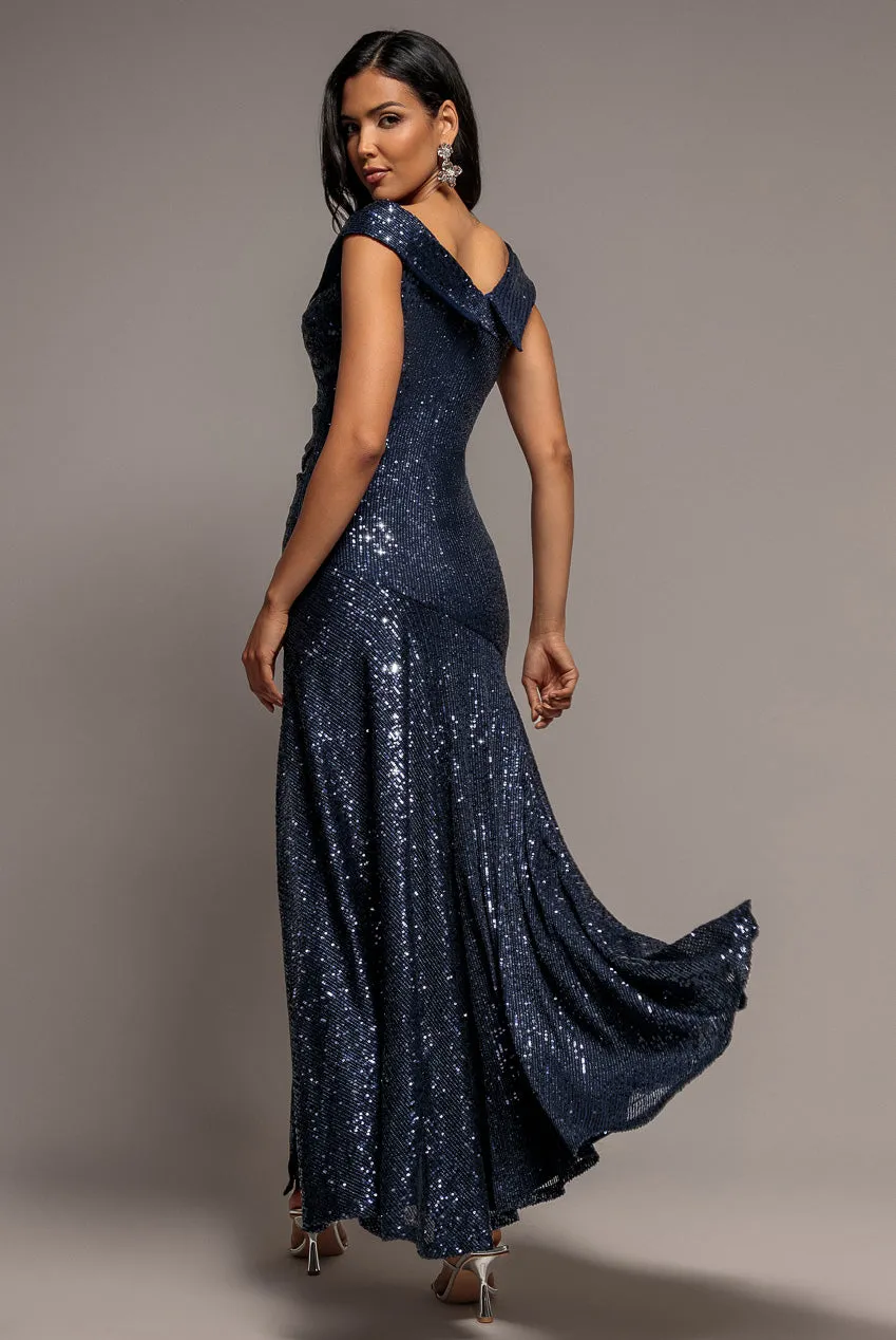 Goddiva Abito Maxi Bardot Paillettes Navy DR3643A