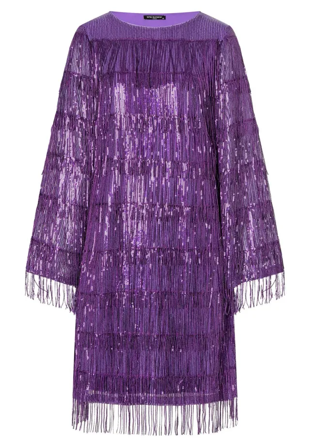 Ana Alcazar Oawa abito cocktail viola paillettes frange