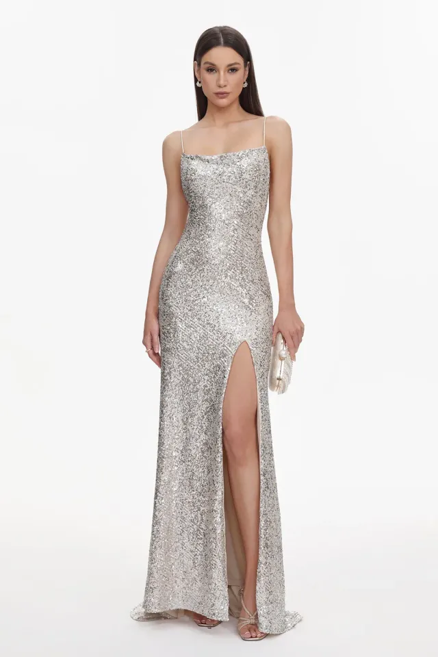 Bella Barnett Fagra abito lungo oro paillettes spacco alto S